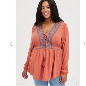 Torrid Embroidered Lace Up Babydoll Top - Textured Challis Rust